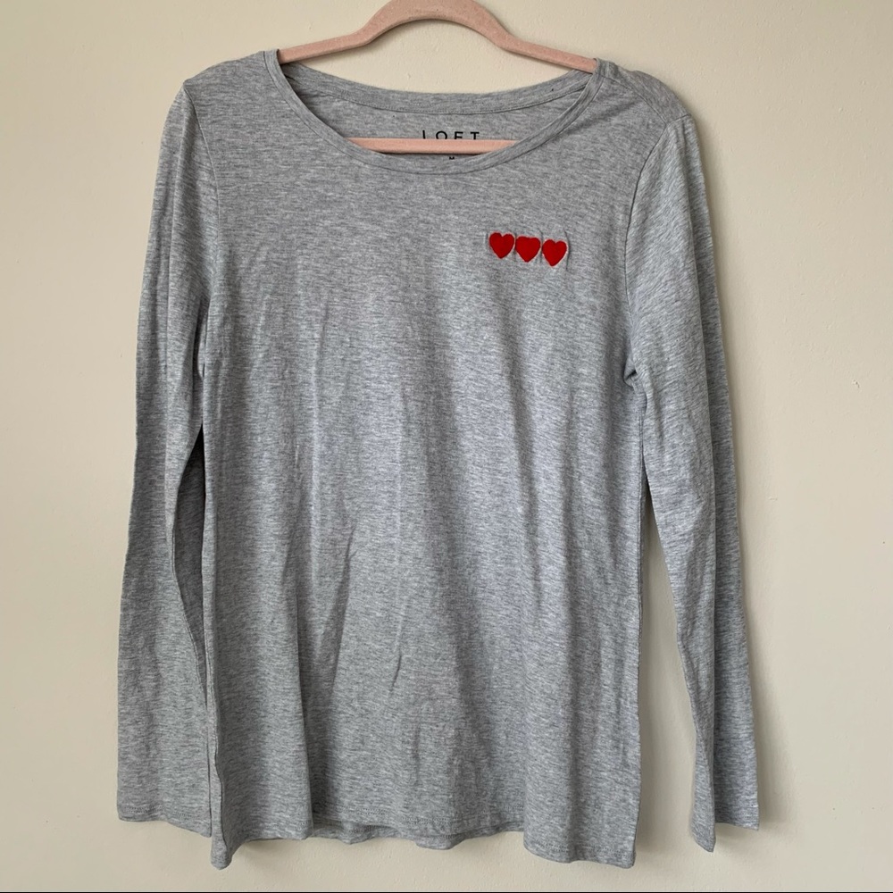 LOFT Gray Long Sleeve T Shirt Heart Embroidery Size Medium